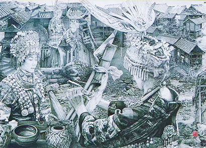 针画作品《苗寨的记忆》.jpg